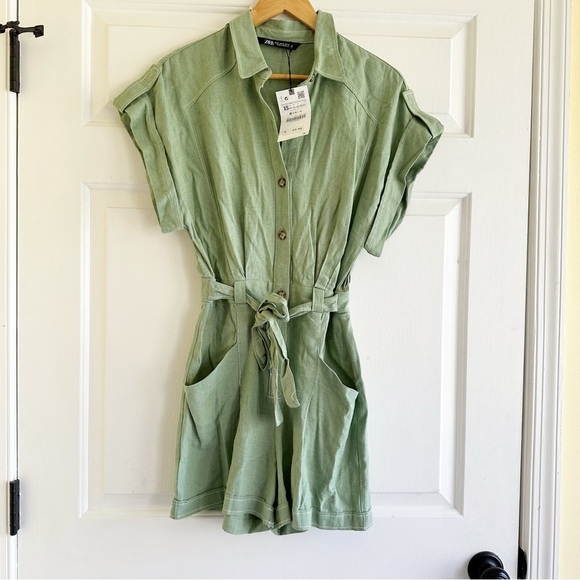Zara Linen topstitched jumpsuit in light green Size XS Minimalist Beachy - Picture 1 of 9
